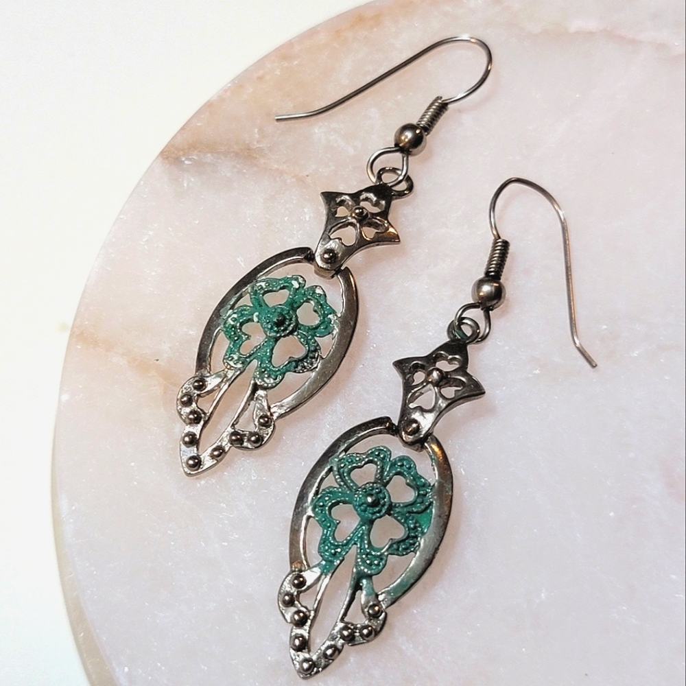 Silver and Green Four Leaf Clover Heart Dangle Earrings Fish hook Style